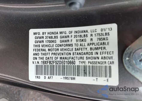 2013 Honda Civic Lx from USA, damaged, VIN 19XFB2F52DE010660